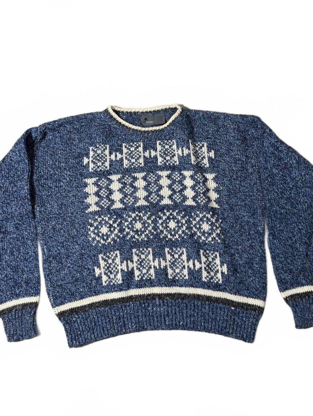 90s Liz Wear Feminine Blue Knit Patterned Pull Over Sweater Size M